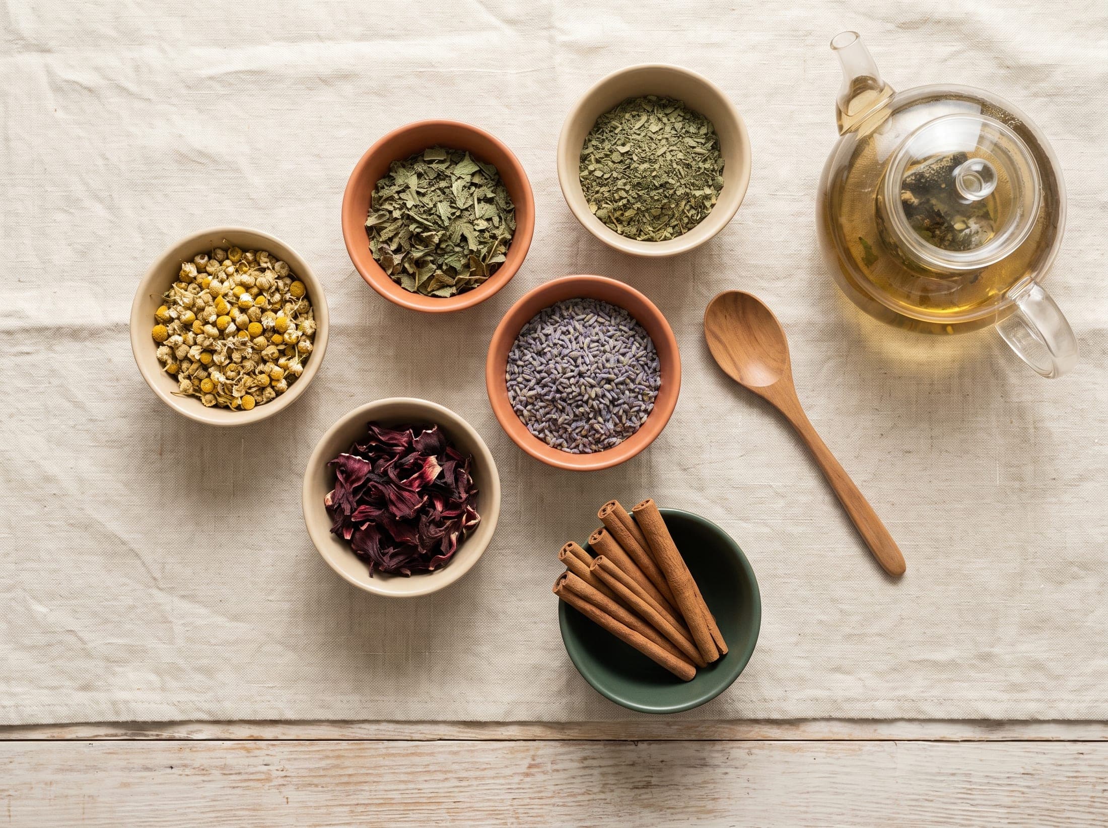 Ervas medicinais secas em potes de cerâmica — camomila, lavanda, hibisco e canela — ao lado de um bule de chá