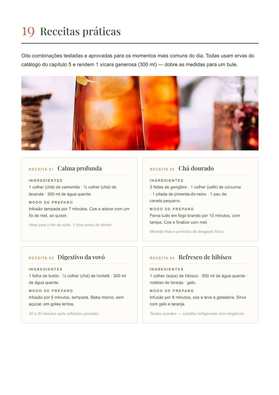 Capítulo 19 com receitas práticas, cada uma com ingredientes e modo de preparo