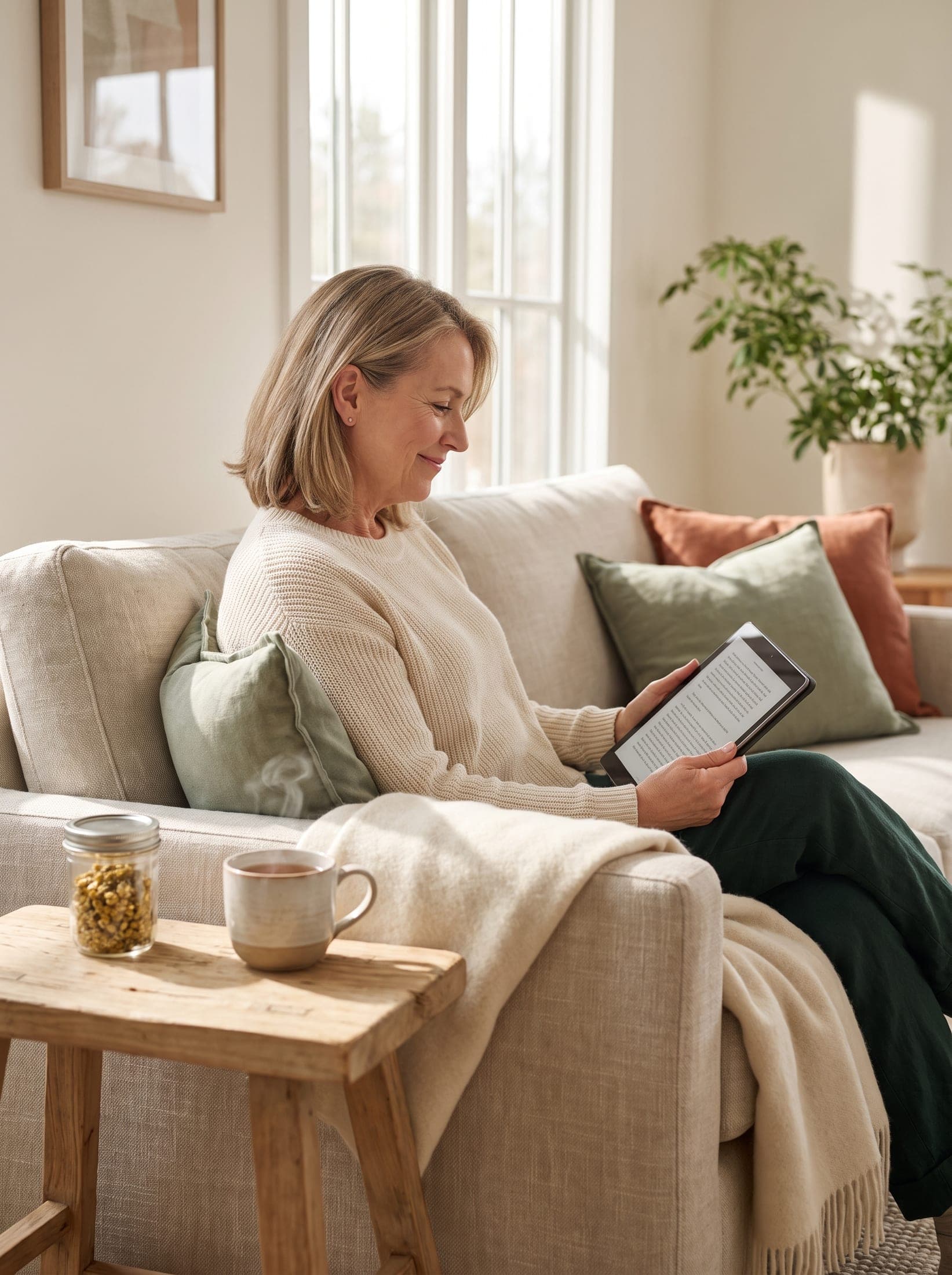 Mulher lendo o e-book em um tablet no sofá, com uma xícara de chá de camomila ao lado
